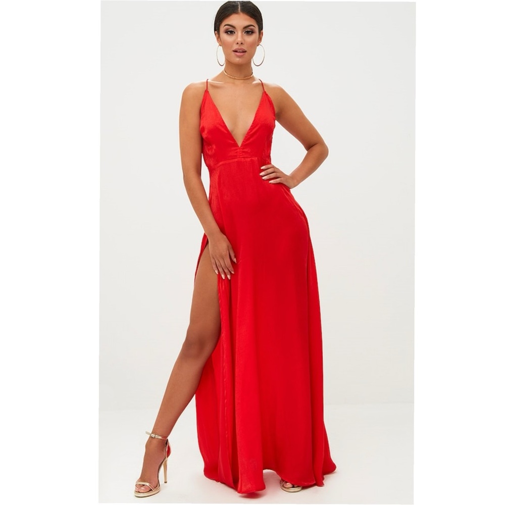 Pretty Little Thing Red Extreme Split Maxi Dress